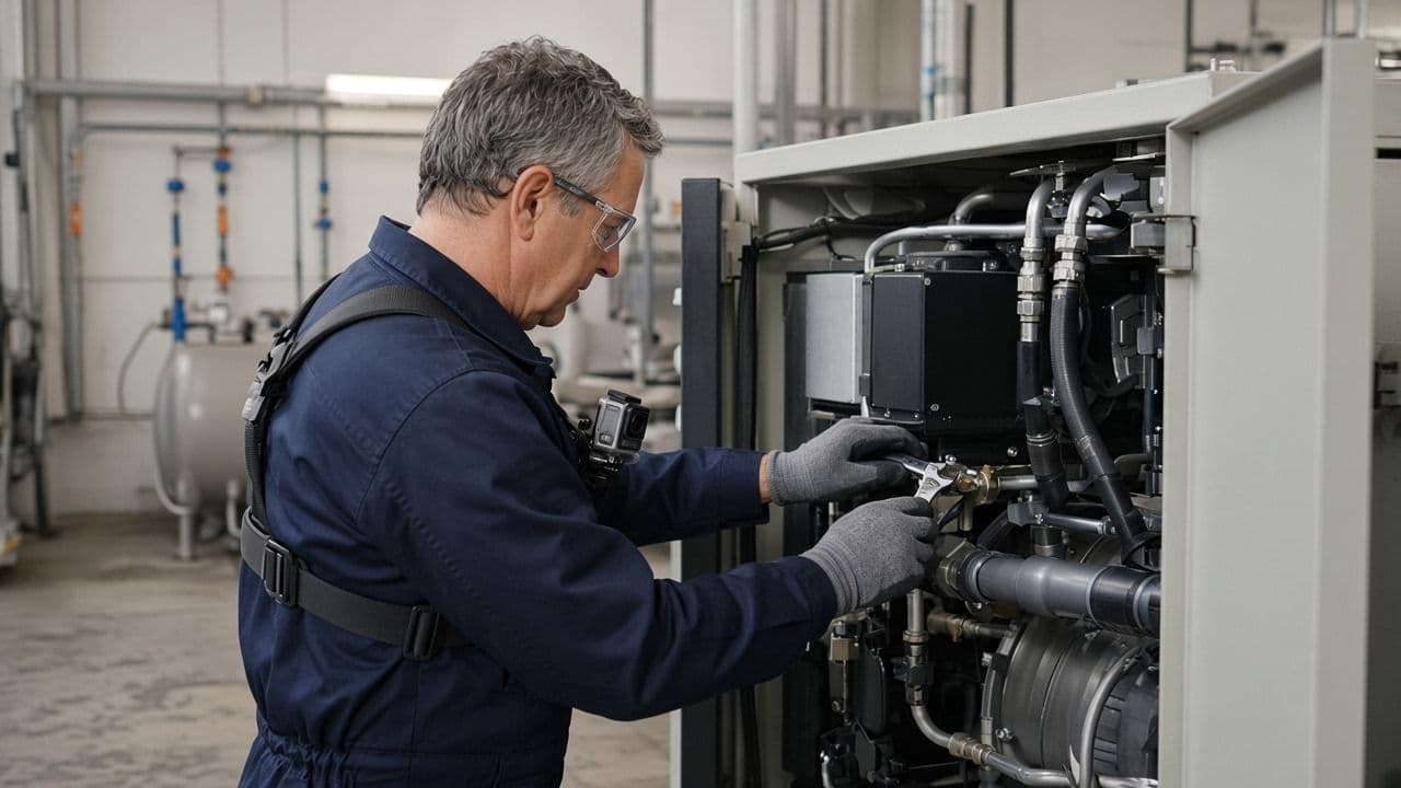 Senior service technician working on an industrial compressor while a chest-mounted camera records the procedure