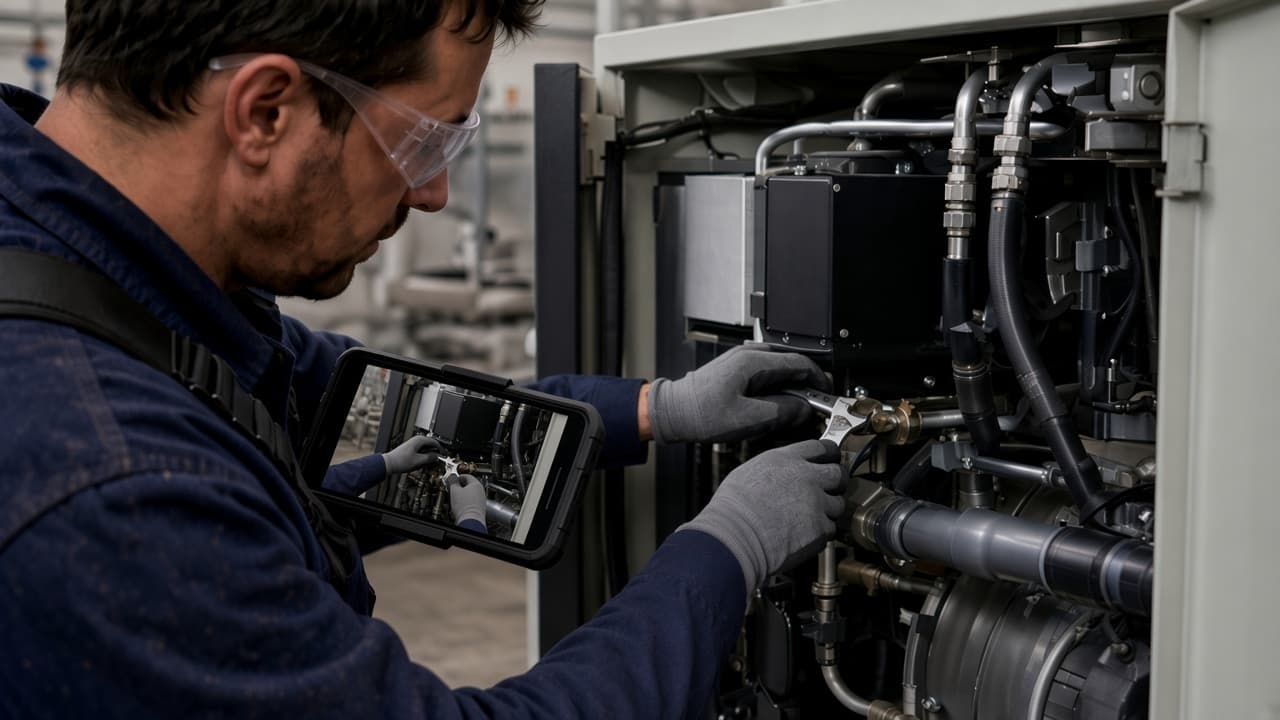 Service technician viewing the expert's perspective of the same industrial compressor on a hands-free chest-mounted phone