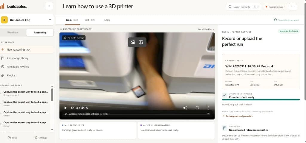 Vision Codev Train workspace with an expert-run video ready for procedure generation